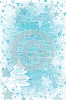 Blue or turquoise wooden christmas background with snow, stars a