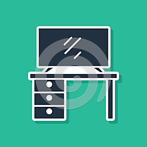 Blue TV table stand icon isolated on green background. Vector