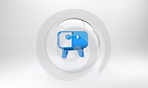 Blue TV table stand icon isolated on grey background. Glass circle button. 3D render illustration