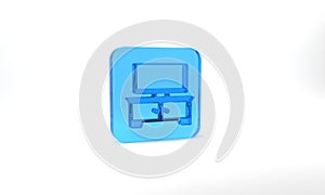 Blue TV table stand icon isolated on grey background. Glass square button. 3d illustration 3D render