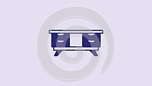 Blue TV table stand icon isolated on purple background. 4K Video motion graphic animation