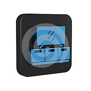 Blue TV table stand icon isolated on transparent background. Black square button.