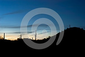 Blue twilight just after sunset glows behind desert hills.