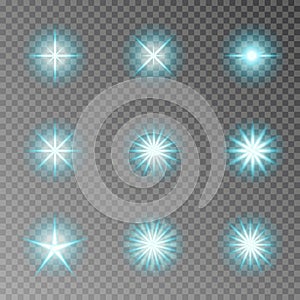 Blue twinkle sparkle vector isolated on transparent background. Flash light camera effect. Glare len