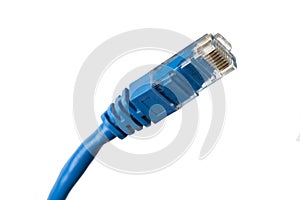 Blue twisted pair patch cord on white background isolated