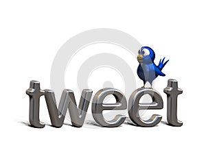 Blue twittering bird standing on the word tweet