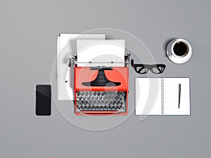 Blue typewriter, blank sheets, galsses and smartphone. 3d rendering