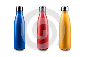 Blue or ultramarine, red and yellow steel thermo bottle for water isolated on white background.