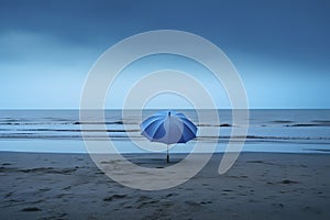 blue umbrella in a gloomy beach, AI generated