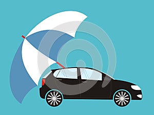Blue umbrella protecting car, flat style. Safety, insurance, risk concept. Vector illustration