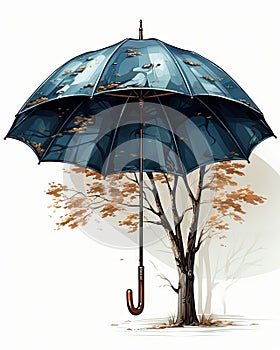 a blue umbrella sitting on top of a tree next to a tree. generative ai