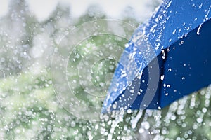 Blue umbrella under heavy rain against nature background. Rainy weather concept