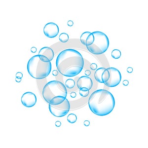 Blue underwater fizzing air bubbles on white background.