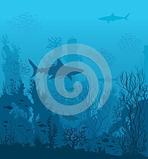 Blue underwater landscape with sharks and coral reefs