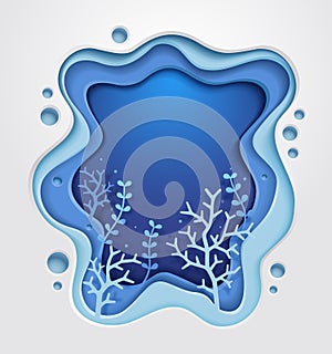 Blue underwater sea and coral paper cut style background vector illustrations