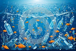 Blue underwater world with plastic bottles and fish. Ocean pollution with plastic waste