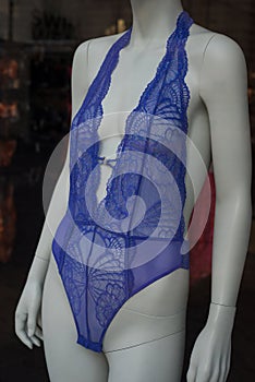 blue underwear on mannequin in a fashion store showroom