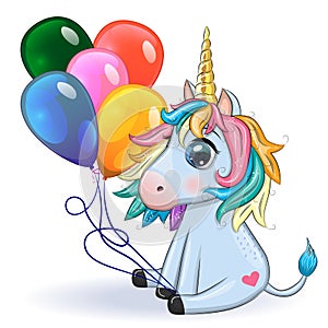 Blue unicorn pony sitting. Cute baby card, baby with big eyes