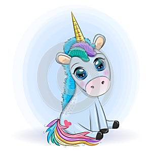 Blue unicorn pony sitting. Cute baby card, baby with big eyes