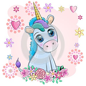 Blue unicorn pony sitting. Cute baby card, baby with big eyes