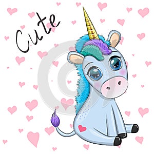 Blue unicorn pony sitting. Cute baby card, baby with big eyes