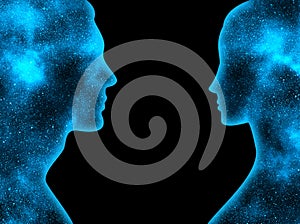 Blue universe in the shape of a woman and a man on a black background