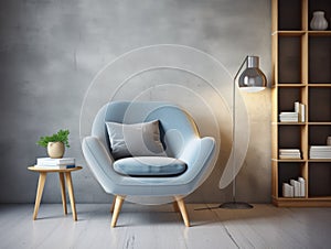 Blue upholstered snuggle chair and stack of books near it. Interior design of modern Scandinavian living room with stucco wall