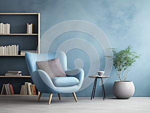 Blue upholstered snuggle chair and stack of books near it. Interior design of modern Scandinavian living room with stucco wall