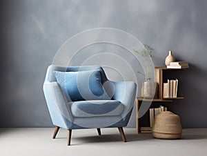 Blue upholstered snuggle chair and stack of books near it. Interior design of modern Scandinavian living room with stucco wall