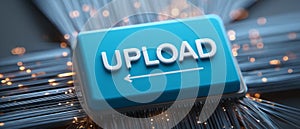 Blue UPLOAD button with digital background