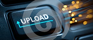 Blue UPLOAD button with digital background