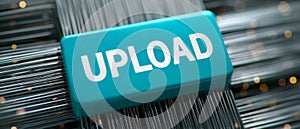 Blue UPLOAD button with digital background