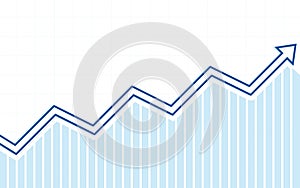 Blue uptrend line arrows with bar chart in flat icon design on white color background