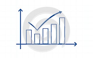 Blue uptrend line arrows with bar chart in flat icon design on white color background