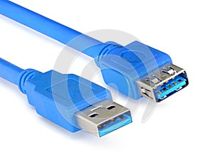 Blue usb 3.0 cable isolated on white background. Macro image