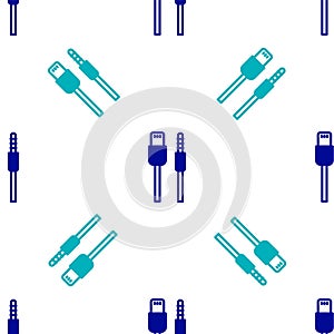 Blue USB cable cord icon isolated seamless pattern on white background. Connectors and sockets for PC and mobile devices