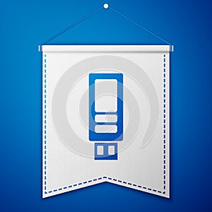 Blue USB flash drive icon isolated on blue background. White pennant template. Vector