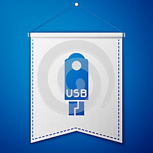 Blue USB flash drive icon isolated on blue background. White pennant template. Vector Illustration