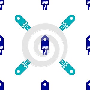 Blue USB flash drive icon isolated seamless pattern on white background. Vector