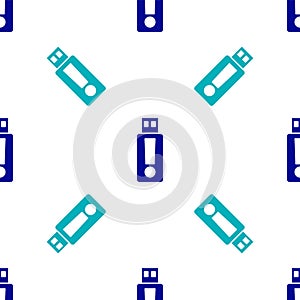 Blue USB flash drive icon isolated seamless pattern on white background. Vector