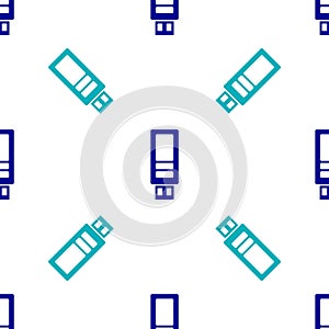 Blue USB flash drive icon isolated seamless pattern on white background. Vector