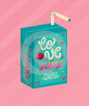 Blue Valentine juice box with hand lettering love juice. Cute festive romantic holiday illustration. Bright colorful pink and blue