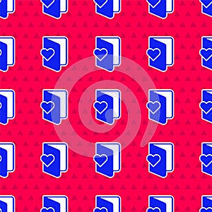 Blue Valentines day flyer with heart icon isolated seamless pattern on red background. Celebration poster template for