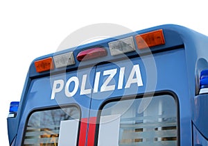 blue van during a revolt in the square with the text POLIZIA mea