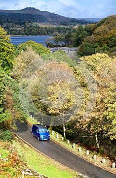 Blue van, on road through trees.