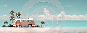 Blue van sorrounded by palm trees with white sand and turquoise waters at the background at the beach. Summer background Created