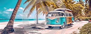 Blue van sorrounded by palm trees with white sand and turquoise waters at the background at the beach. Summer background Created