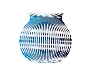 a blue vase with a dotted pattern on it, a blue and pink swirl logo,