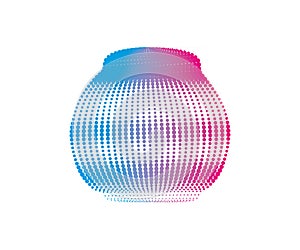 a blue vase with a dotted pattern on it, a blue and pink swirl logo, a circular dot pattern with blue and pink colors,