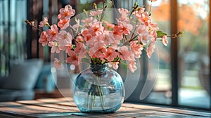 Blue Vase Filled With Pink Flowers on Table